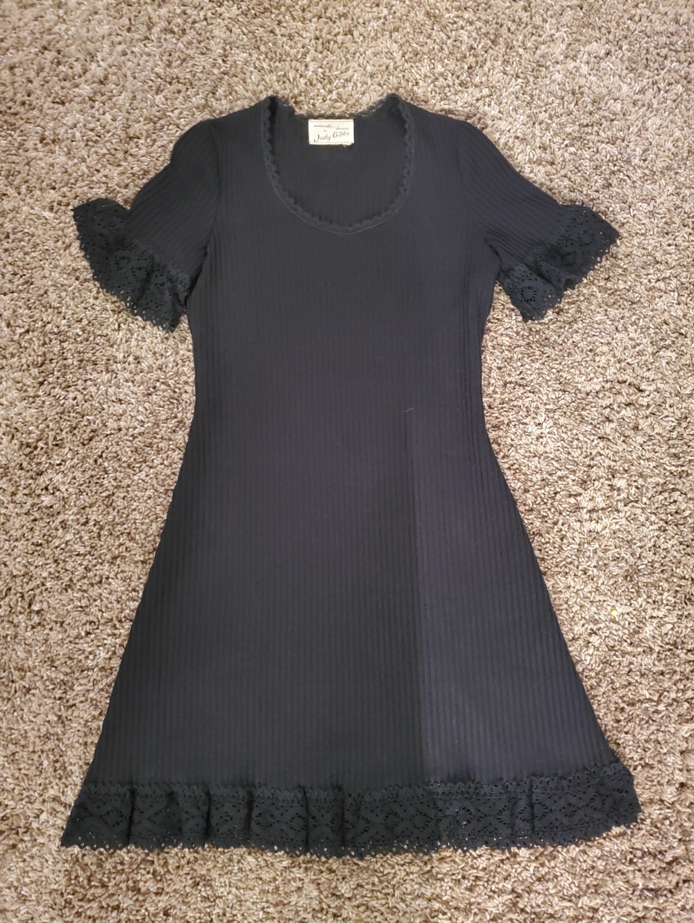 Womens Vintage Union Made Dress 70s Black knit S small macrame lace Judy Gibbs